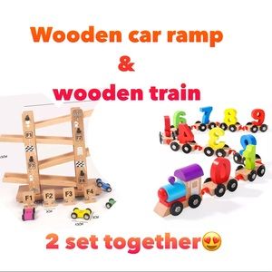 Wooden car ramp&10piece number wooden train set